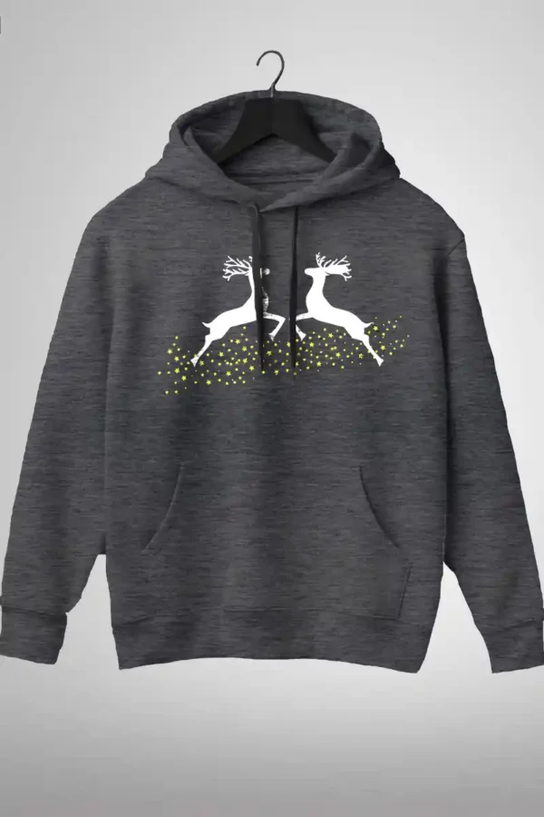 TWRD-HDI-DGRY_1 Festive Reindeer Hoodie Unisex | 300 GSM Fleece Winter Wear
