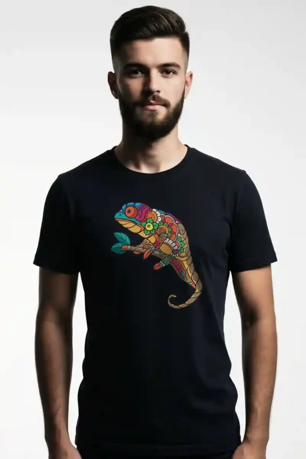 036-CCM_James Black Colorful Chameleon T-Shirt Unisex | 100% Pure Cotton